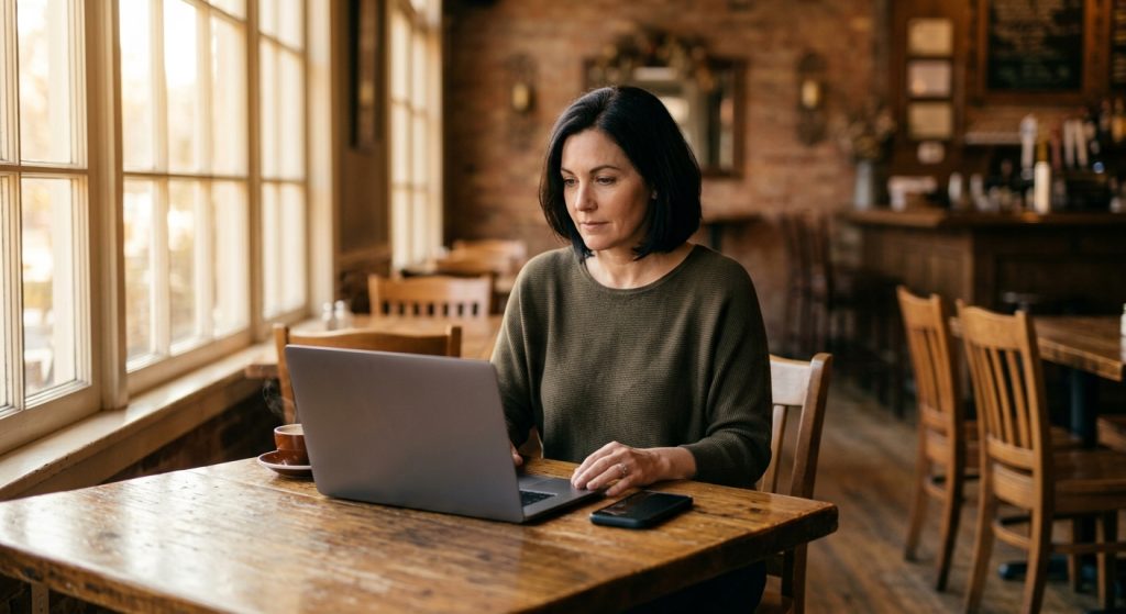 Femeie la laptop, cu telefonul alături, la o masă dintr-un restaurant gol dimineața